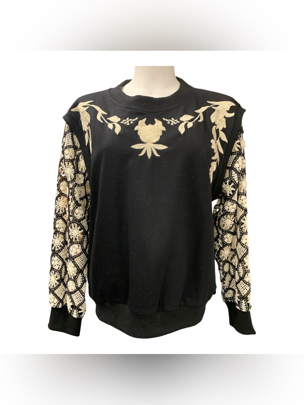 Solitaire NWT Black Sweatshirt with Cream Floral Embroidery and Lace Sleeves S8